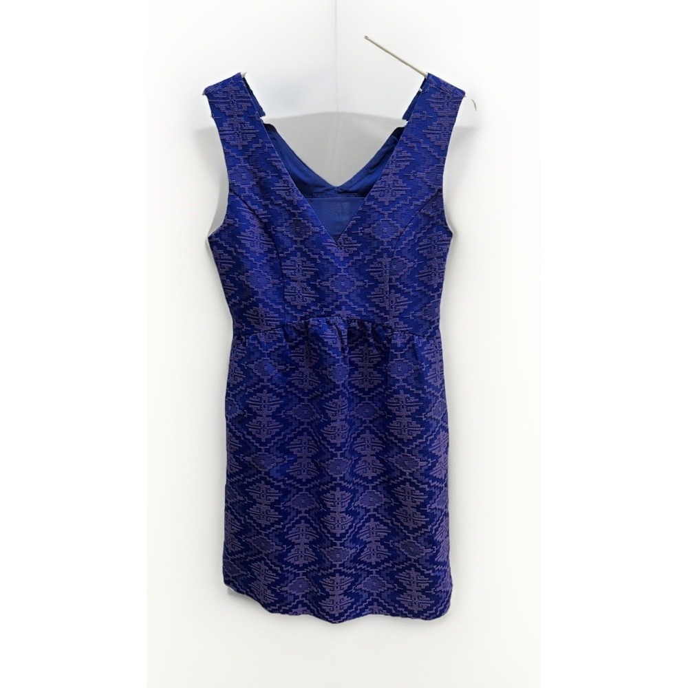 Anthropologie Maeve Jacquard Aztec Cocktail Dress Sz 4 Blue Purple Brocade Party